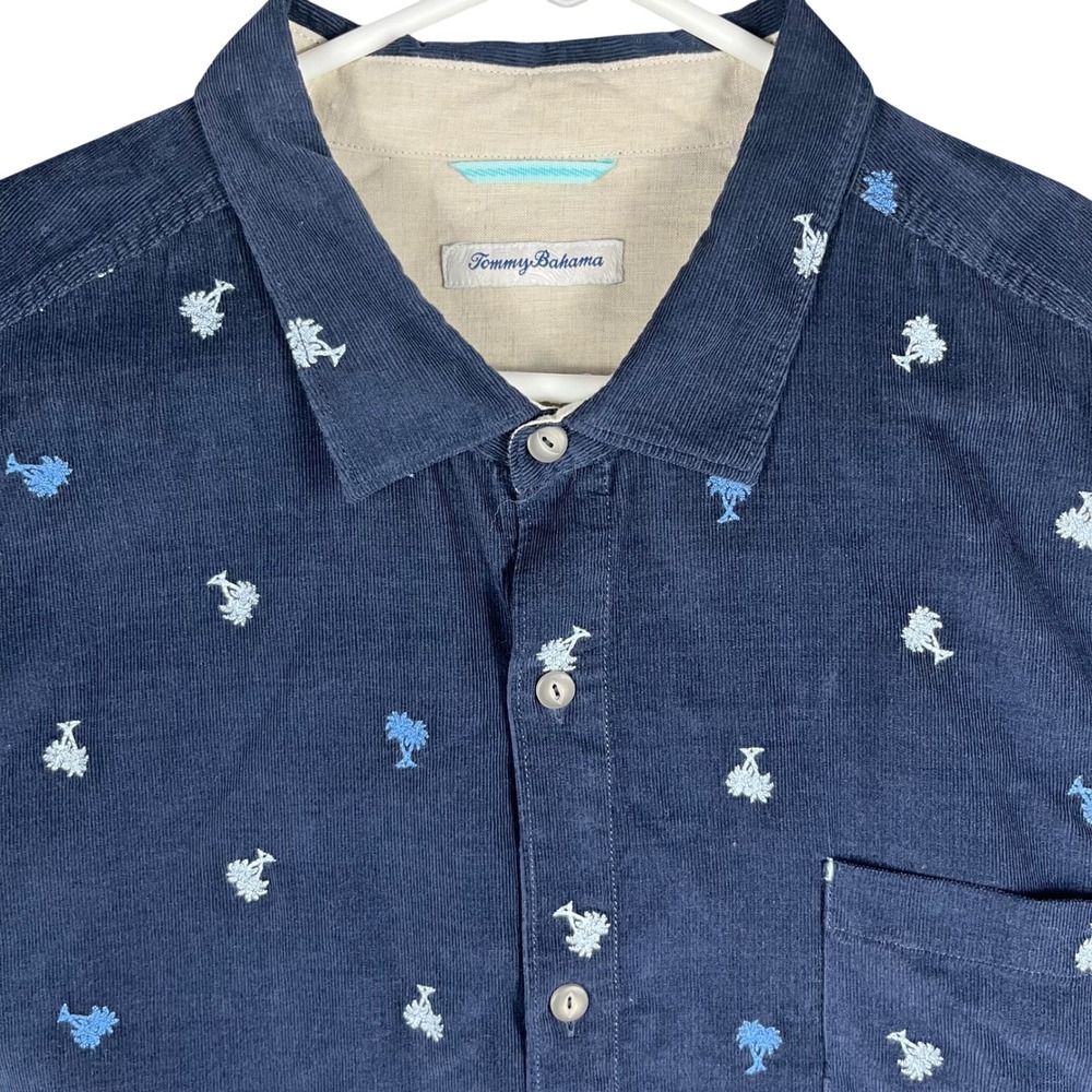 Tommy Bahama Button‎ Up Shirt Mens 3XL Navy Blue Corduroy Palm Tree Embroidered